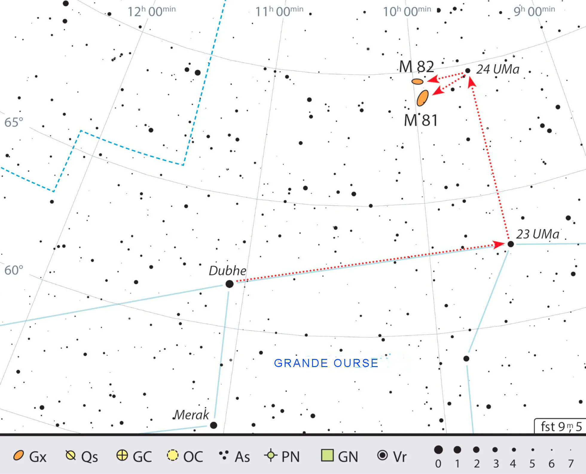 Carte de recherche pour M 81 et M 82 dans la constellation de la Grande Ourse. J. Scholten