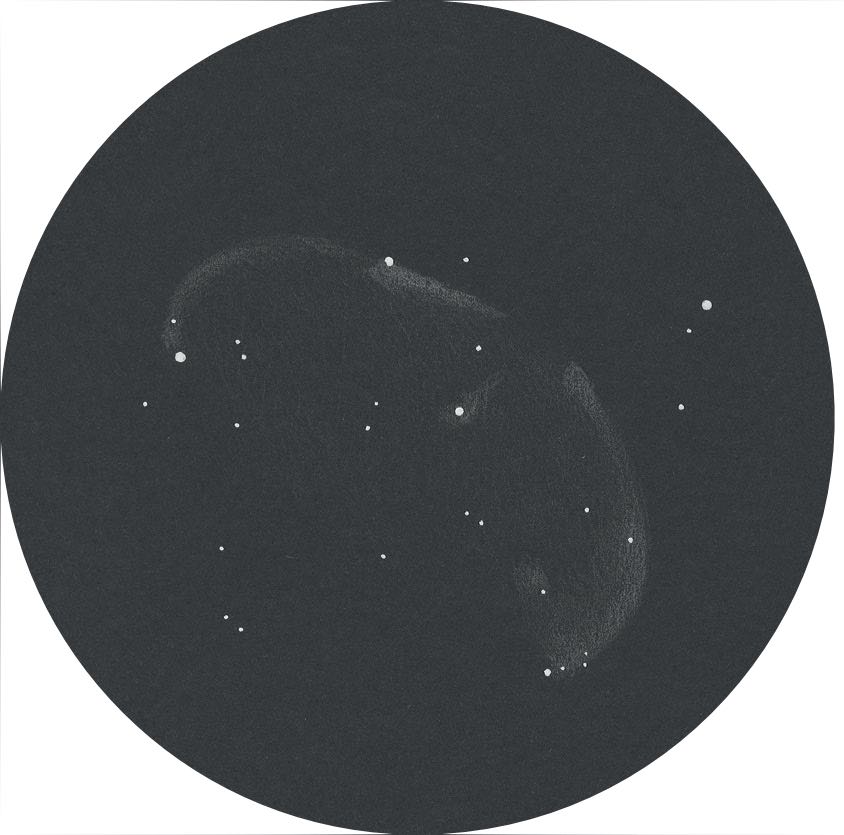 Dessin de NGC 6888 en présence d’un ciel campagnard légèrement éclairci, avec un Newton de 600 mm. Daniel Spitzer