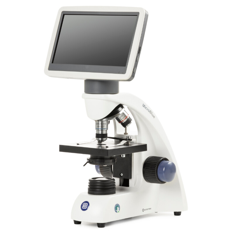 Microscope Euromex MicroBlue, MB.1051-LCD, écran LCD 5,6 pouces, Objectifs Achr. 4/10/S40x, DIN 35mm perf., 40x - 400x, LED, 1W, Platine à chariot croisé