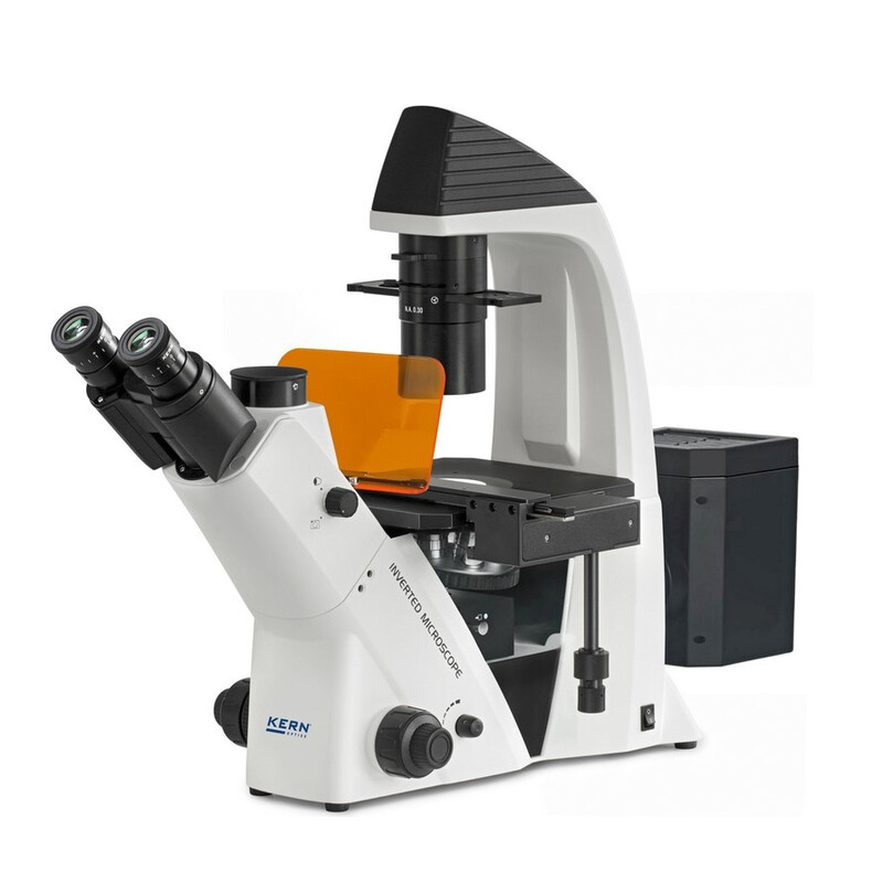 Microscope inversé Kern OCM 166, FL, PH, trino, invers, Abbe-N.A.-0,3-Kondensor fix, 10x-40x, 30W LED, Al, 100W HBO, Dl