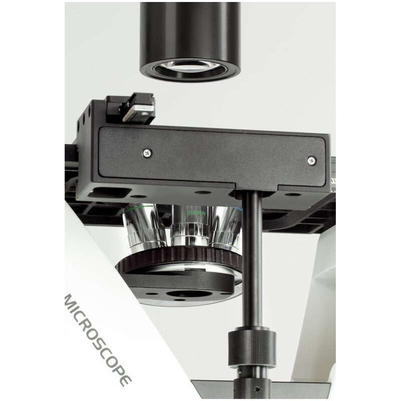 Microscope inversé Kern OCM 166, FL, PH, trino, invers, Abbe-N.A.-0,3-Kondensor fix, 10x-40x, 30W LED, Al, 100W HBO, Dl